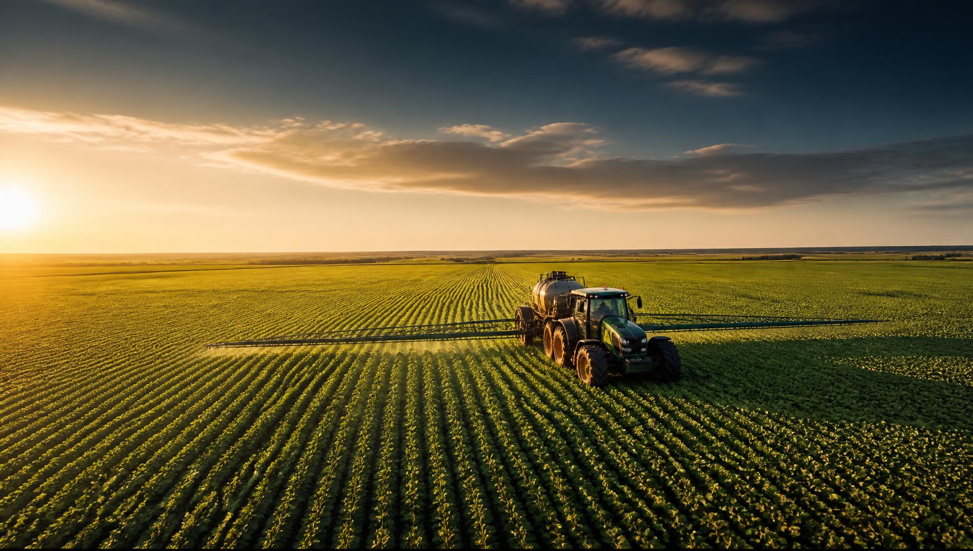 Aerial view of a modern tractor working vast Brazilian soybean fields at sunset