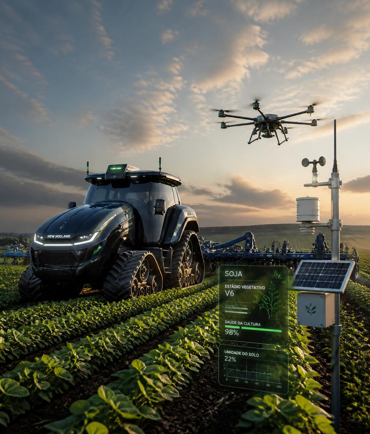 Autonomous tractor, agricultural drone and soil sensors operating in a Brazilian soybean field